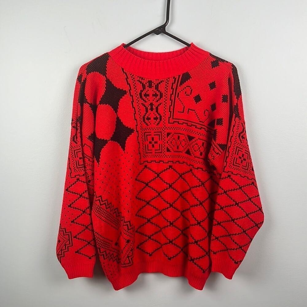 Vintage pattern block mock neck sweater